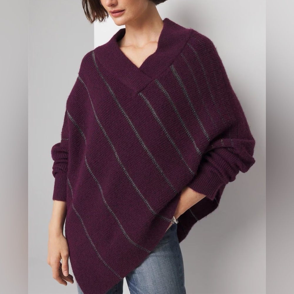 WHBM PLUM METALLIC STRIPE PONCHO SWEATER